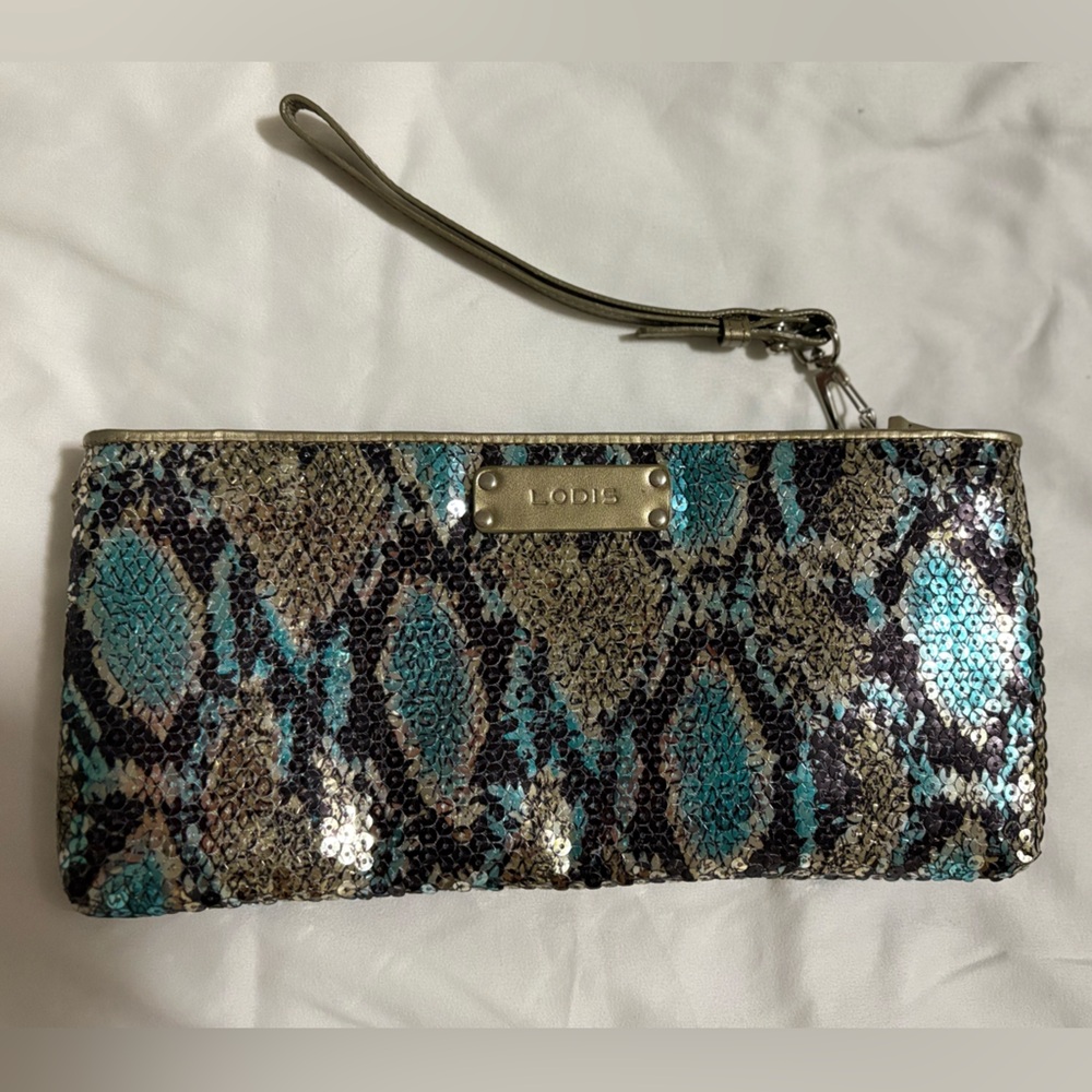 Lodis Blue and Brown Snakeskin Wristlet Clutch
